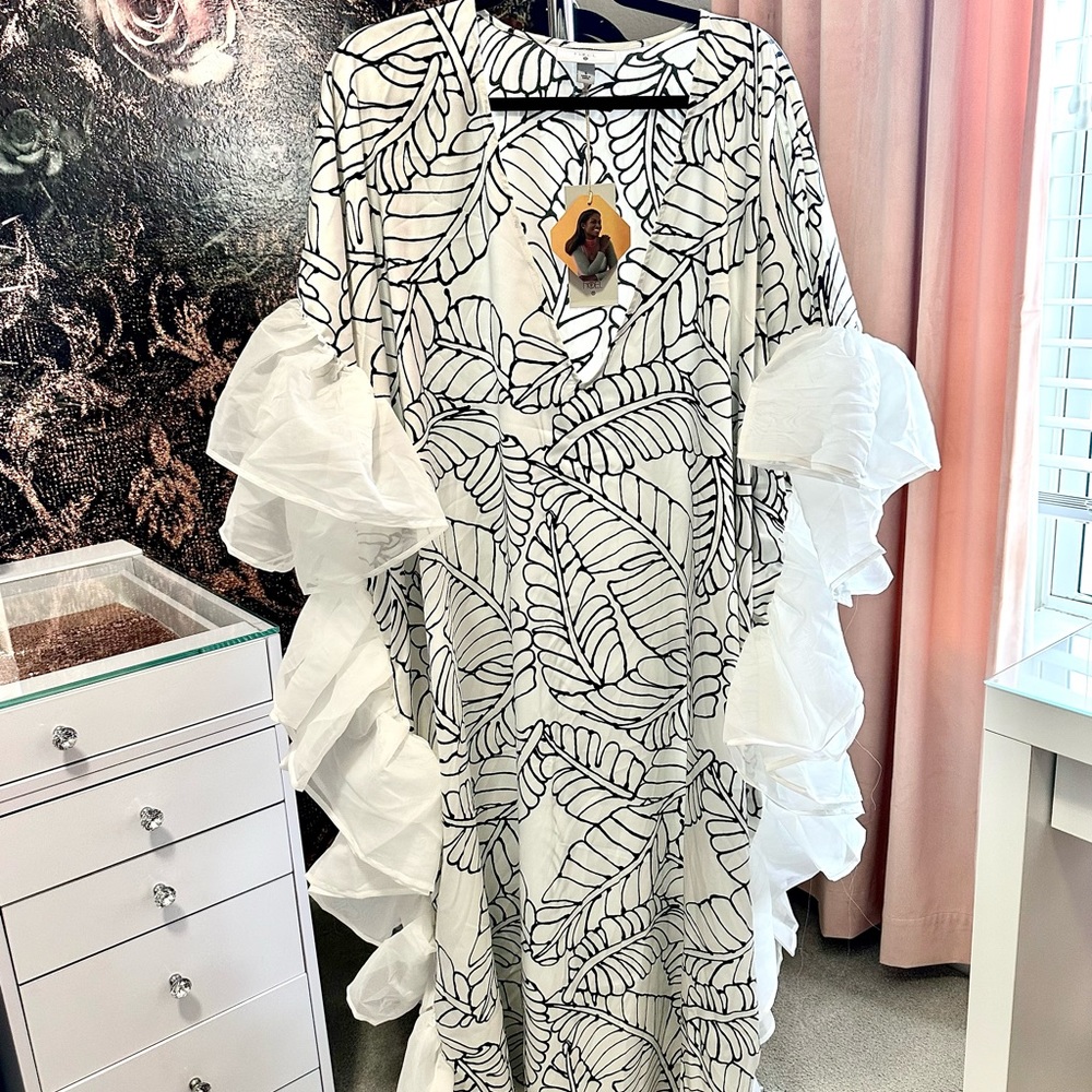 Fe Noel Kaftan- Palm Leaf Print Ruffle Trim Cover… - image 7